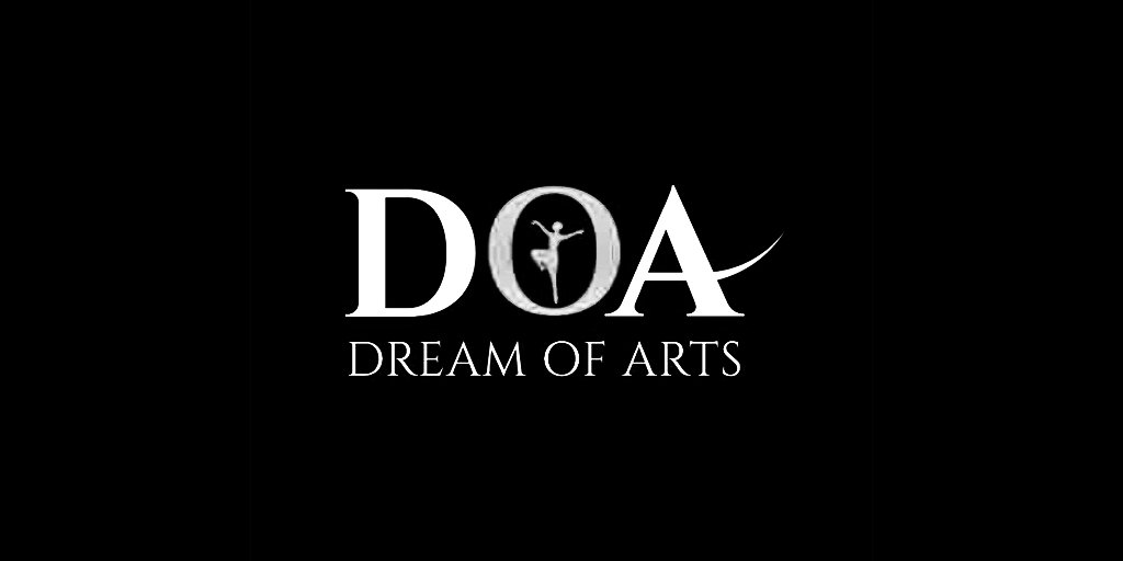 Dream of Arts logo with dancer silhouette inside circular emblem on black background