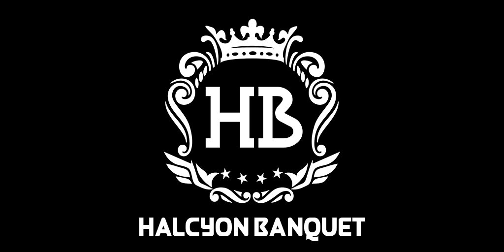 Halcyon Banquet logo with ornate crest, crown and HB initials on black background