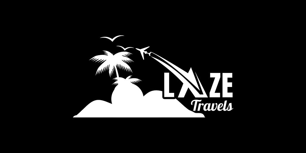 Laze Travels logo with palm trees, island silhouette and aeroplane graphic