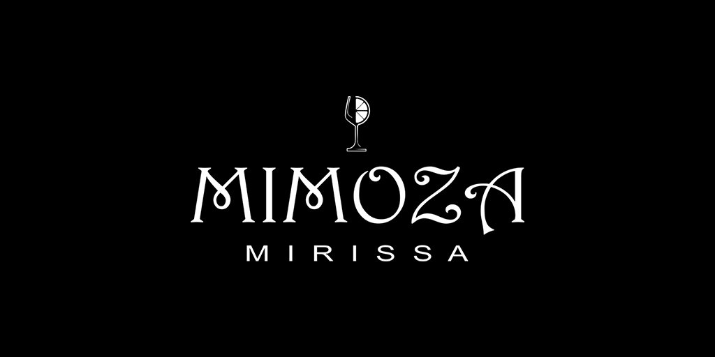 Mimoza Mirissa logo with decorative lettering and cocktail glass icon on black background