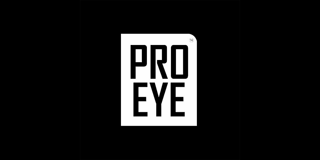 Pro Eye logo with bold stacked lettering inside rectangular frame on black background